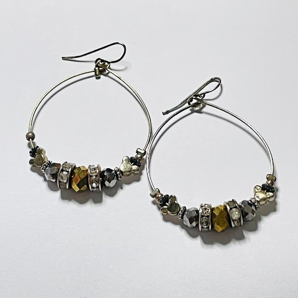 Disney Mickey Mouse Charm Hoop Earrings Gold Tone Beaded Drop